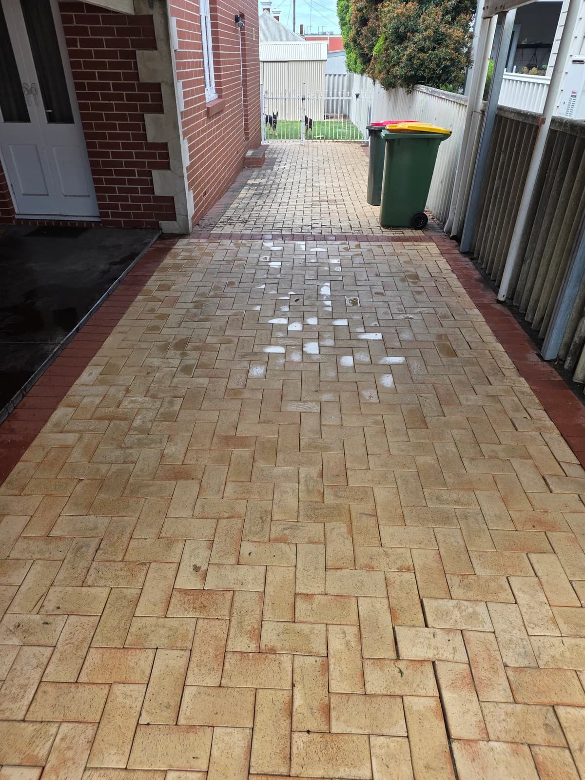 The same carport after pressure cleaning, showing cleaner pavers with the surface still wet.